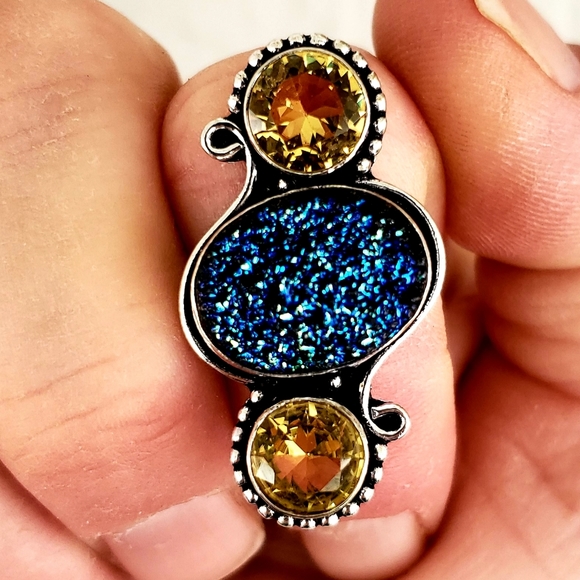 New Titanium Druzy and Citrine Silver Ring. - Picture 2 of 7